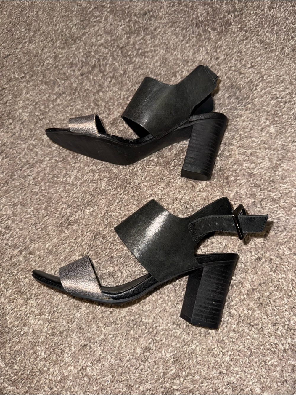 FRANCO SARTO Black and Metallic Silver Block Heel Sandals Business Casual 3 Inch